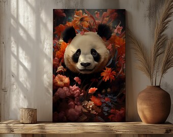 Floral Panda Wall Art, Panda Canvas Print, Wildlife Home Decor, Animal Art for Living Room, Gift for Him