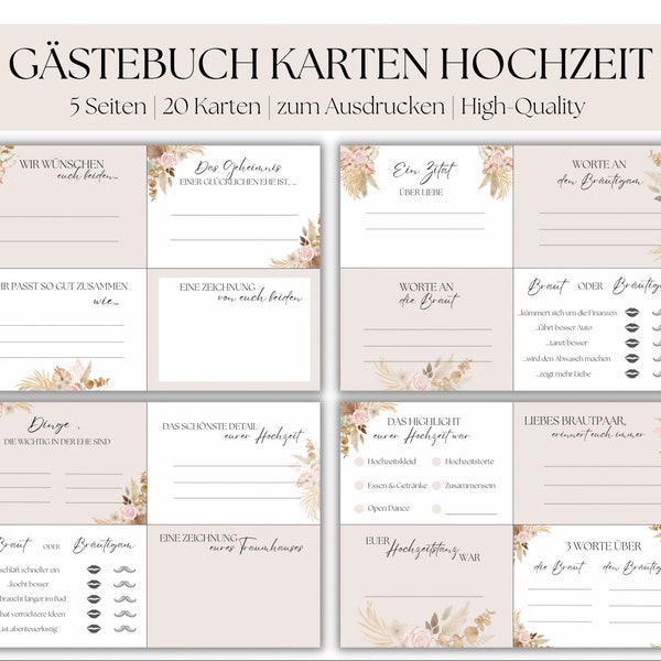 Boho Gästebuch Karten Hochzeit, Hochzeitskarten als Gästebuch Alternative, zum Ausdrucken und Ausfüllen