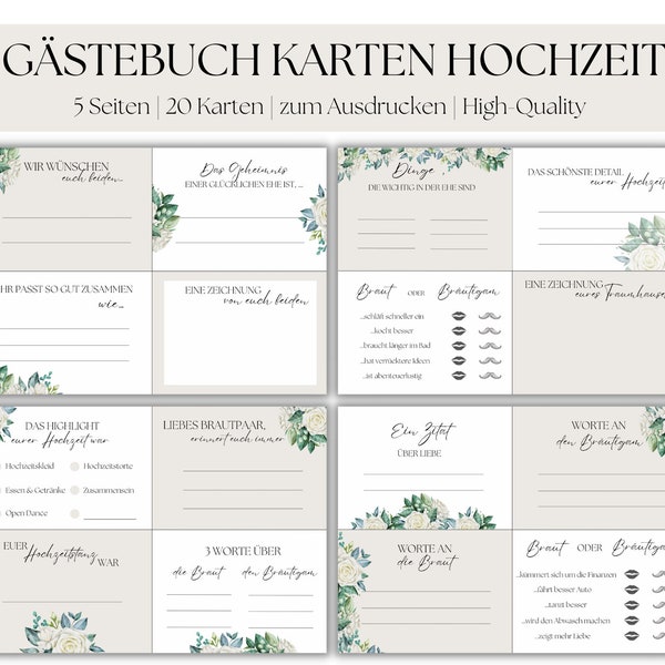 Gästebuch Karten Hochzeit, Hochzeitskarten als Gästebuch Alternative, zum Ausdrucken und Ausfüllen