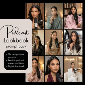 May include: A digital product image promoting a "Podcast Lookbook prompt pack." The image displays a woman in different settings, each with a microphone. The text includes "30+ ready-to-use prompts," "Realistic podcast scenes and looks," and "Digital download."