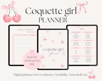 May include: A digital planner with a pink and white cherry and bow theme. The planner includes sections for weekly routine, index, productivity, wellness, and extras. The text "coquette girl planner" is featured on the cover.