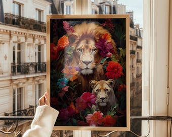 Majestic Lion Poster, Floral Lion Digital Art Print, Wildlife Wall Decor for Home
