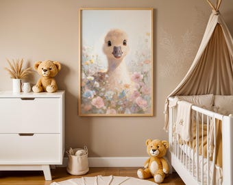 Baby Goose Nursery Print, Floral Animal Wall Art (Digital Download)
