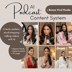 May include: Promotional graphic for an AI podcast content system. The image features the text "Podcast AI Content System" and "+ Bonus Viral Hooks." It includes a series of photos of a woman with a microphone, and text that reads "Create realistic, scroll-stopping talking videos with AI."