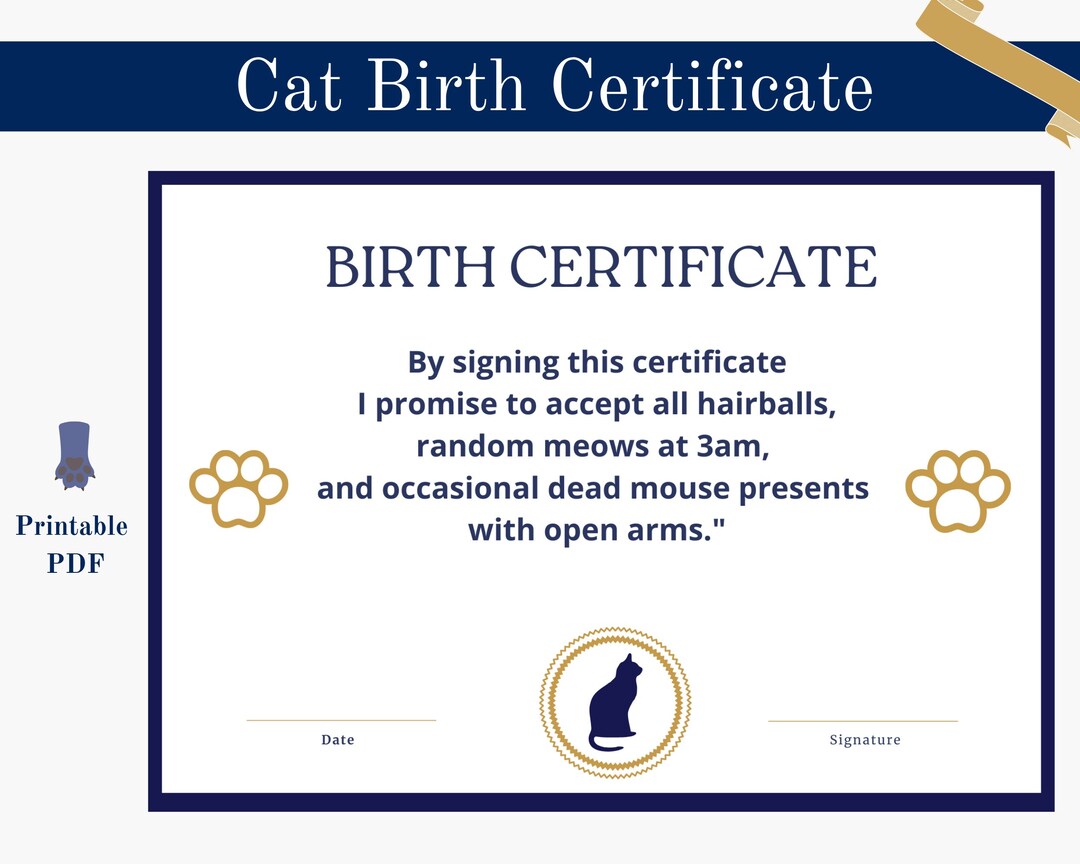 Printable Cat Birth Certificate for New Kitten Document Gift - Etsy ...