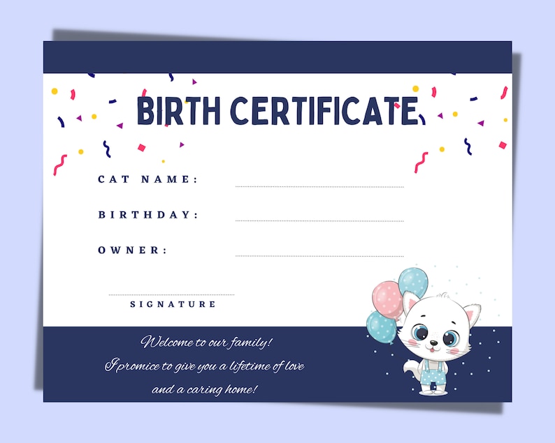 Printable Cat Birth Certificate New Kitten (Instant Download) - Etsy