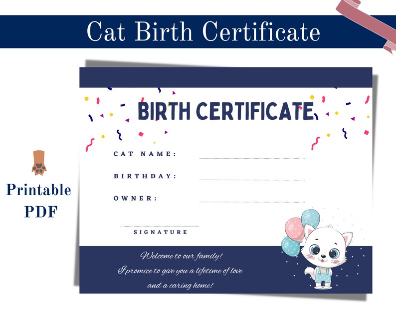 Printable Cat Birth Certificate New Kitten (Instant Download) - Etsy