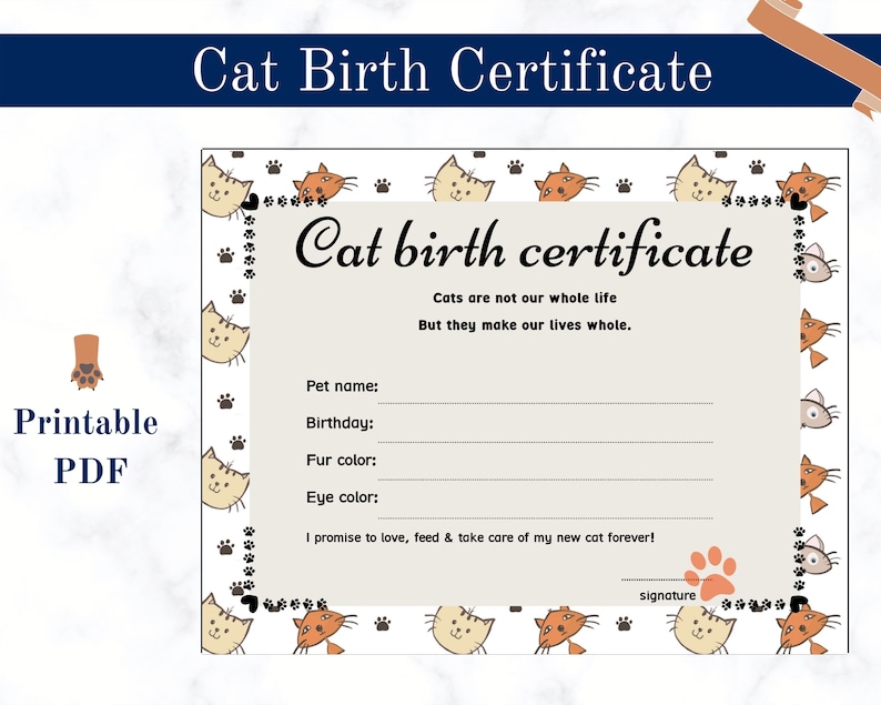 Printable Cat Birth Certificate, Pet Document, Cat Adoption Document ...