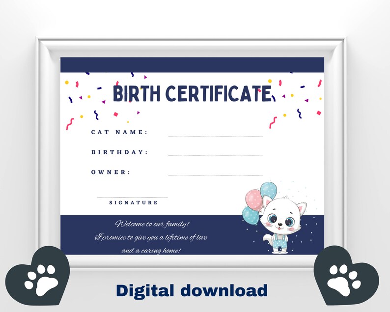 Printable Cat Birth Certificate New Kitten (Instant Download) - Etsy