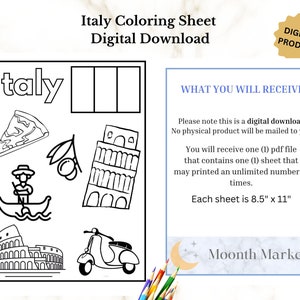Puede incluir: Hoja para colorear en blanco y negro titulada "Italia" con ilustraciones de monumentos y comida italianos. Incluye una porción de pizza, aceitunas, la Torre de Pisa, una góndola, el Coliseo y un scooter. La hoja mide 21,6 cm x 27,9 cm.