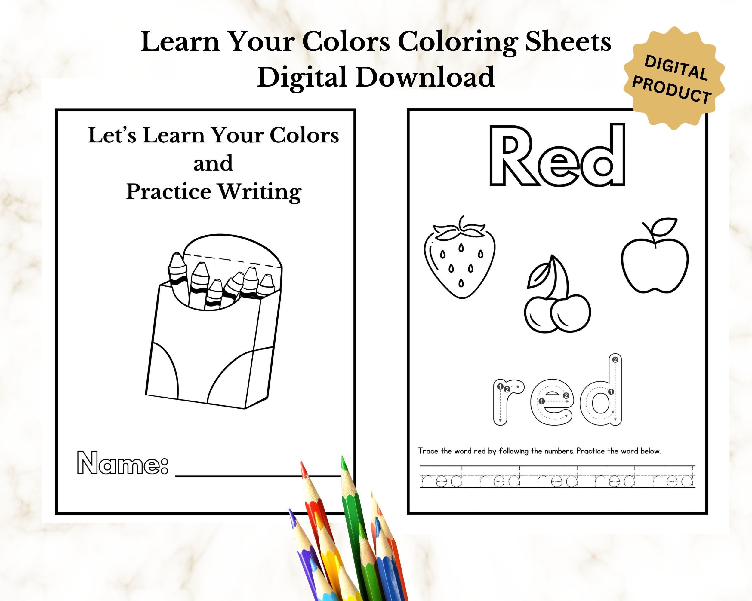 Preschool and kindergarten learning worksheets. Learn Your Colors coloring pages with handwriting practice.