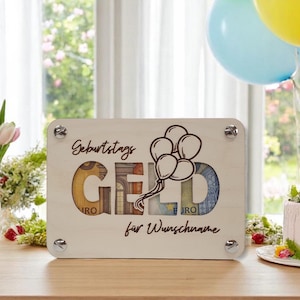Geldgeschenk Geldkarte Geburtstagskarte aus Holz – personalisierte Karte mit Ballons & Wunschname – kreatives Geburtstagsgeschenk mit Gravur
