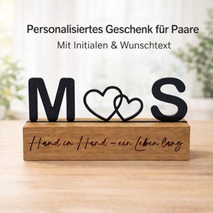 Personalized oak gift for couples with initials – anniversary, wedding, Valentine's Day – wooden stand with engraving image 1