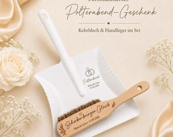 Polterabend Geschenk personalisiert – Kehrblech - Handfeger Set mit Gravur, Scherben bringen Glück, Namen & Datum