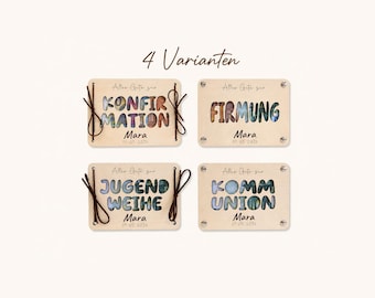 Geldgeschenk Konfirmation Holz personalisiert, Kommunion Firmung Jugendweihe Karte mit Name Datum, DIN A5 A6