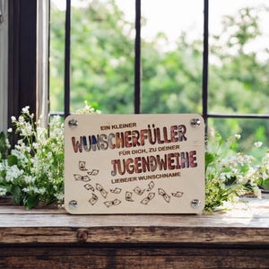 Wunscherfüller Geldgeschenk zur Konfirmation, Jugendweihe, Kommunion, Firmung – personalisierte Holzkarte, Geschenkidee