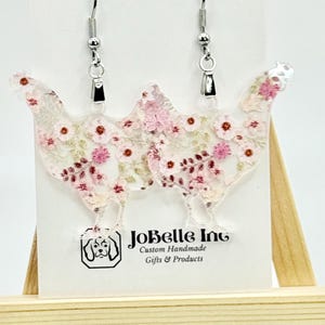Floral Chicken Acrylic Earrings – Farm Animal Earrings – Country Cottage Jewelry – Spring Hen Statement Earrings – Gift for Chicken Lover