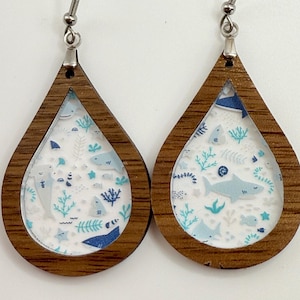 Teardrop Wood and Acrylic Ocean Earrings – Underwater Sea Life Design, including Sharks