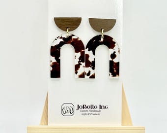 Cow Print Arch Earrings – Acrylic U-Shape with Wood Top | Western Modern Earrings