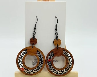 Leopard Print & Red Kiss Wood + Acrylic Hoop Earrings – Bold Statement Jewelry