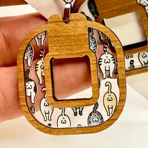 Boho Square, Cat Butts Inlay Dangle Earrings in Cherry Wood - Handcrafted Wood Jewelry