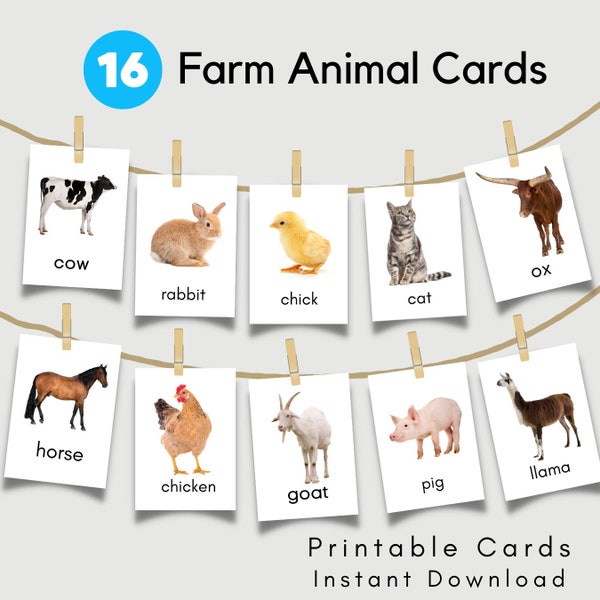 Farm Animal Cards Children Educational Learning Digital Printable Animal Flash Cards Montessori Preschool Toddler
