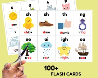 Può includere: Un set di oltre 100 flash card colorate con suoni fonetici per imparare diversi suoni e parole. Le carte presentano illustrazioni di un sole, un pulcino, una scarpa, un pollice, un anello, un albero, la pioggia, la notte e una barca.