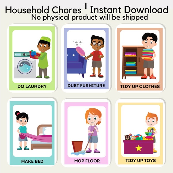 Household Chores Flash Cards Promoting Behaviour Discipline Home School Preschool Educational Children Toddler Kids