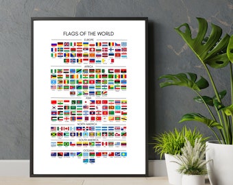 Flags of the World Wall Art, Educational Wall Print, Digital, Geography, Wall Decor, Country Flags, World Flags, Printable, Continent