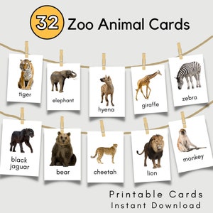 Tarjetas de animales del zoológico, tarjetas Flash para niños pequeños, tarjetas educativas digitales imprimibles, animales Montessori de aprendizaje preescolar