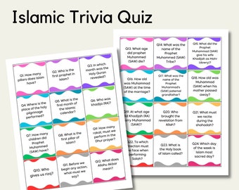 Jeu de questions-questionnaires sur l'Islam Cartes imprimables Quiz de culture générale sur l'Islam Famille Enfants Enfants apprenant l'école à la maison Madrassa