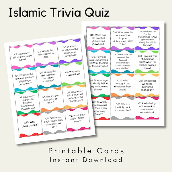 Islamic Trivia Questionnaire Game Printable Cards Islamic General Knowledge Quiz Family Kids Children Learning Madrassa Home School