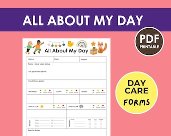 Informe diario de guardería, Todo sobre mi día, Comentarios de los padres, Formularios de niñera, Guardería imprimible, Planificador EYFS, Formularios de guardería, Evaluación
