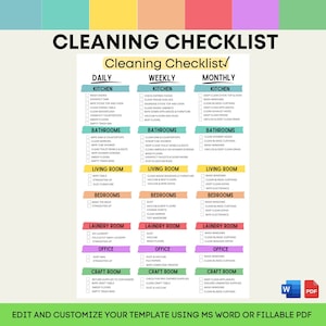 May include: A printable cleaning checklist with a colorful design. The checklist is divided into daily, weekly, and monthly tasks for different areas of the home, including the kitchen, bathrooms, living room, bedrooms, laundry room, office, and craft room.