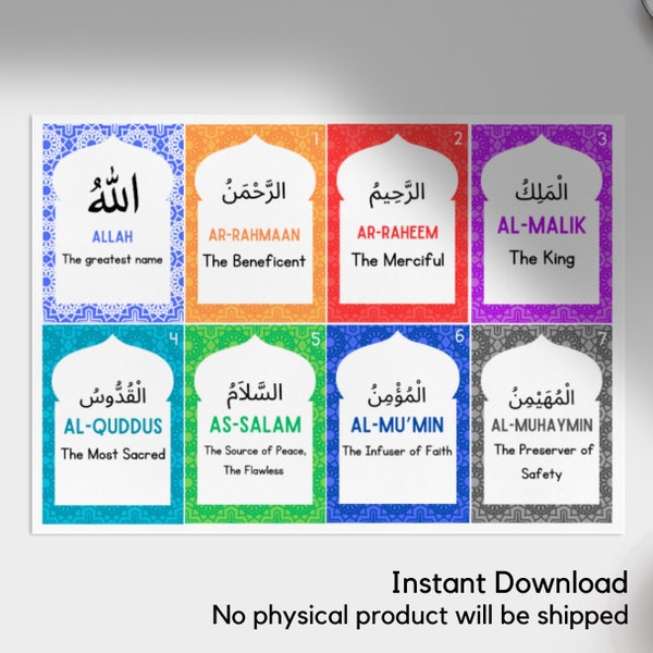 99 Names of Allah Islamic Art Quran Muslim Children Gift Printable Digital Dhikr Islam Cards Learning Quran Umrah Book Dua Kids Flash Cards