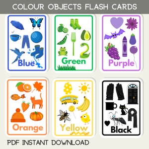 Objets de couleur Cartes Flash Enfants Apprentissage éducatif PDF Cartes de couleurs imprimables Télécharger Activité
