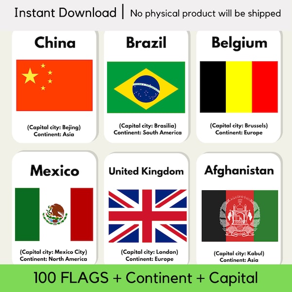 100 World Country Flags Flash Cards Instant Download Educational Learning Geography History Children Digital