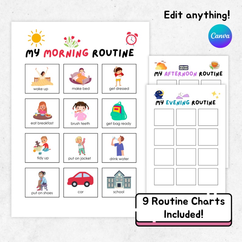K&ouml;nnte beinhalten: Ein Satz von 9 druckbaren Routine-Diagrammen f&uuml;r Kinder. Die Diagramme sollen Kindern helfen, t&auml;gliche Routinen zu lernen und zu befolgen. Die Diagramme zeigen bunte Illustrationen und einfachen Text. Die Diagramme beinhalten "Meine Morgenroutine", "Meine Nachmittagsroutine" und "Meine Abendroutine".