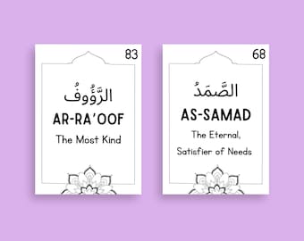 May include: Two white cards with black text and Arabic script. The top card has the number 83 and the text "AR-RA'OOF The Most Kind". The bottom card has the number 68 and the text "AS-SAMAD The Eternal, Satisfier of Needs".