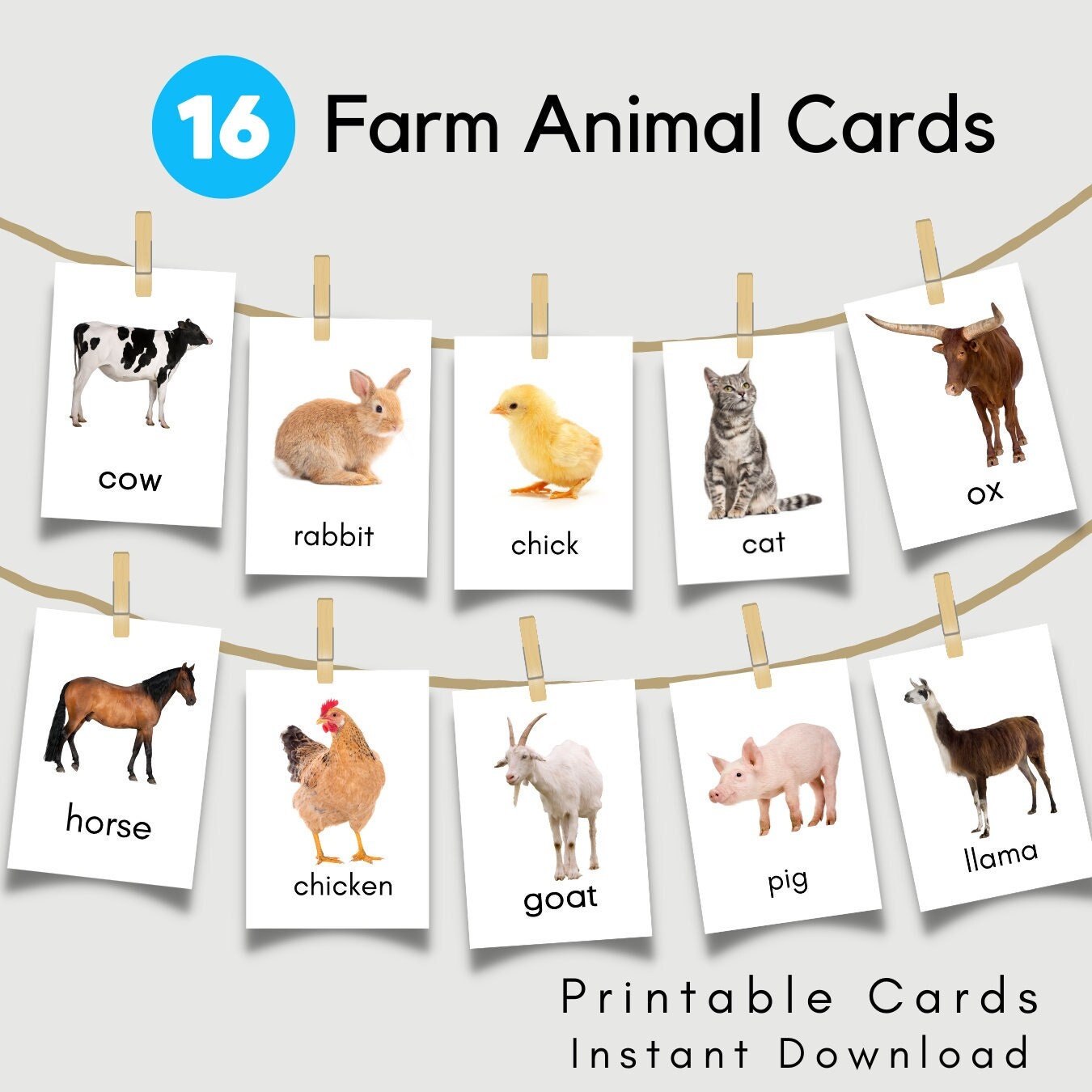 Farm Animal Cards Children Educational Learning Digital Printable Animal Flash Cards Montessori Preschool Toddler - Etsy for Free Printable Montessori Animal Cards
