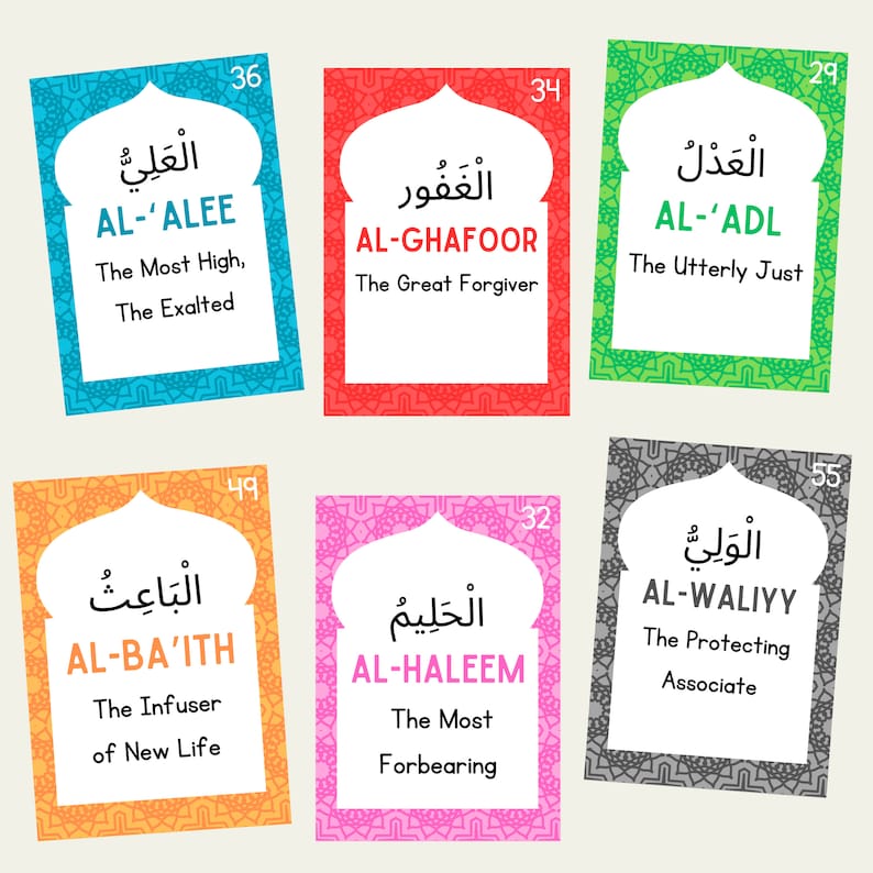 May include: Colorful cards with Arabic text and English translations. Each card features a different name of God in Arabic, along with its meaning in English. The cards are numbered and have a decorative border.