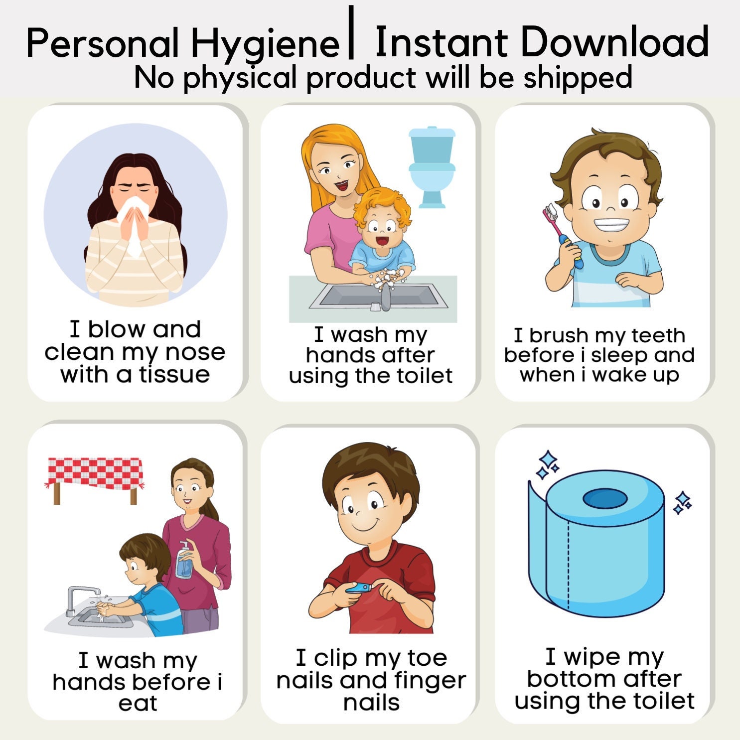 Personal Hygiene Flash Cards Home School Learning Children Toddler Kids