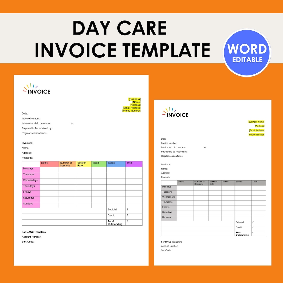 Day Care Invoice Template, Childminders, Nursery, Child Care, Finance Day Care Invoice Template, Childminders, Nursery, Child Care, Finance
