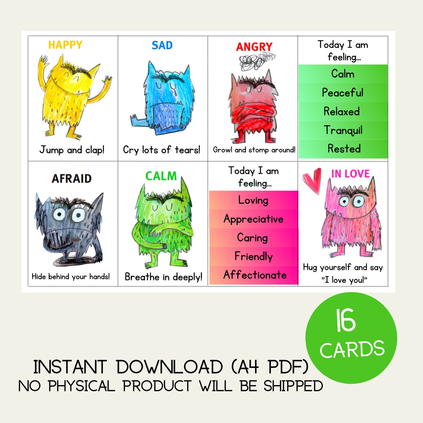 Colour Monster Flash Cards PDF Printable Emotions Behaviour Etsy 