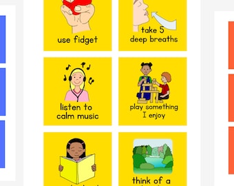 May include: A yellow grid with six colorful squares, each with an illustration and text. The squares show different ways to calm down, such as using a fidget, taking deep breaths, listening to music, playing a game, reading a book, and thinking of a calm place.