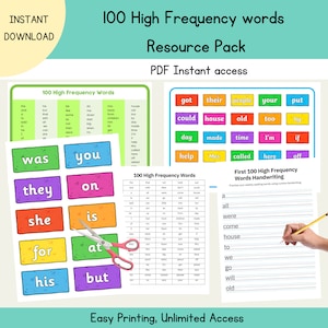 Hochfrequenz Wörter Ressourcen Pack 100 Frequenz Wörter Kinder pädagogische Arbeitsblätter Anblick Wörter erstes gemeinsames Wort Kinder Digital bedruckbar