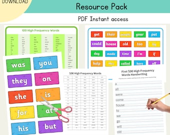 Paquete de recursos de palabras de alta frecuencia 100 palabras de frecuencia Hojas de trabajo educativas para niños Palabras a la vista Primera palabra común Niños Imprimible digital