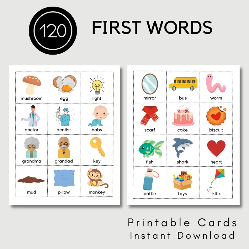 First Words Printable Cards Alphabet Flash Cards Baby Toddler Children