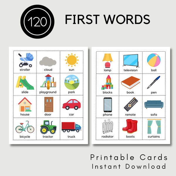 First Words Printable Cards Alphabet Flash Cards Baby Toddler Children Educational Learning SEN Digital First Words