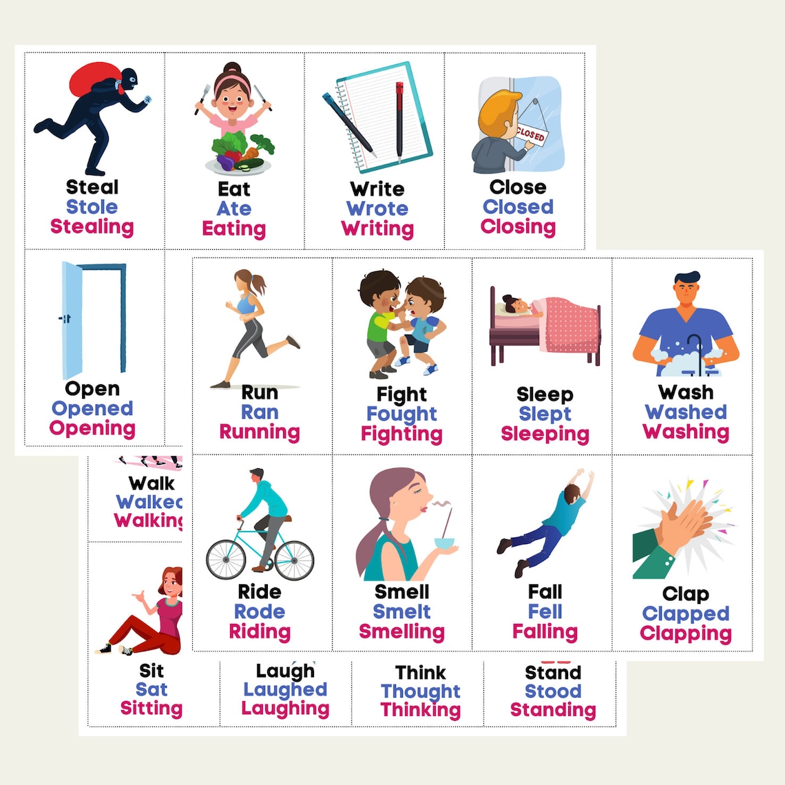 Action Verbs Flash Cards Children Preschool Educational Activity Kids